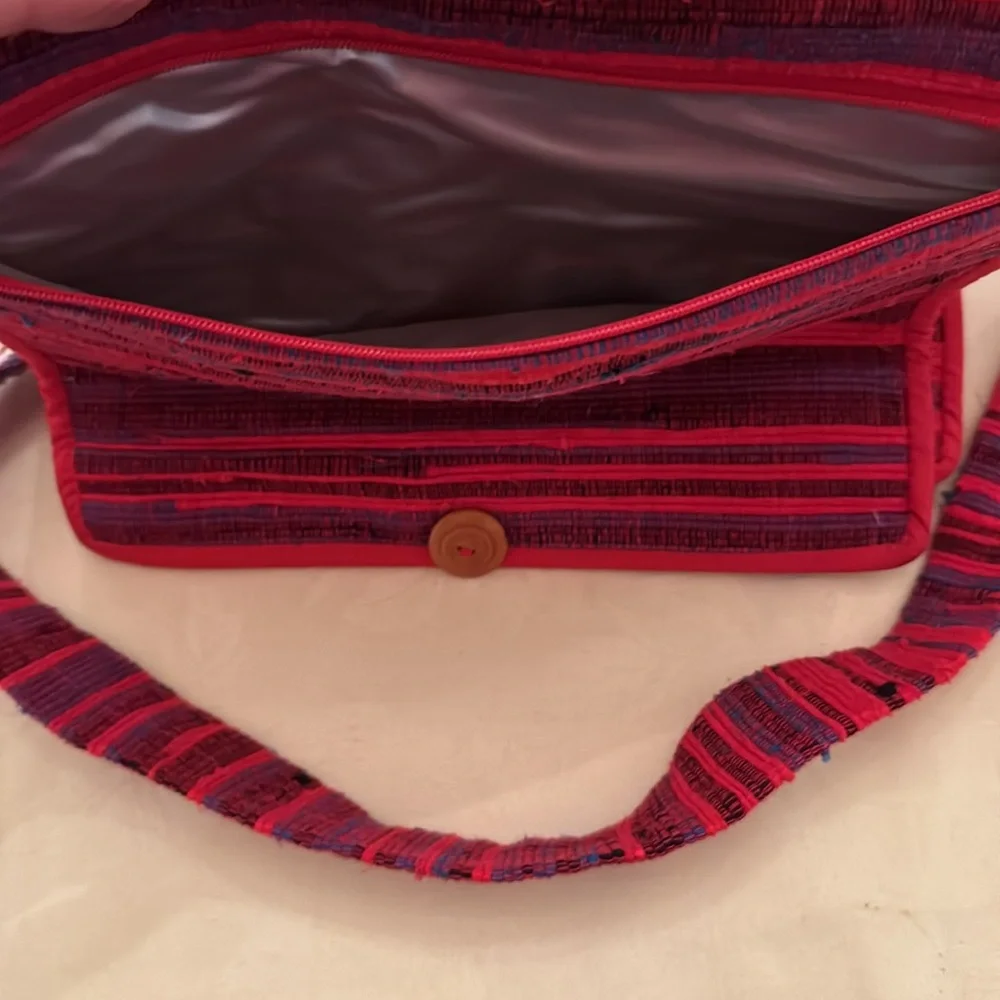 Thai hilltribe crossbody bag and/or lunchbox. Mostly red, with blue & black (mlb